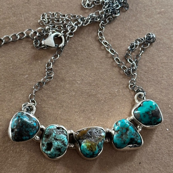 Turquoise rough chunk 5 stone southwestern sterling silver necklace - Picture 13 of 14